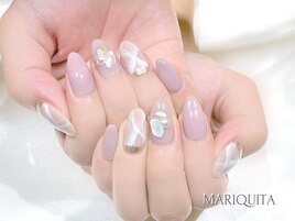 春ネイル×ホワイト大理石