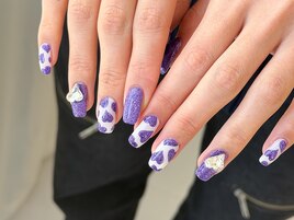 紫ラメ×ハートネイル
