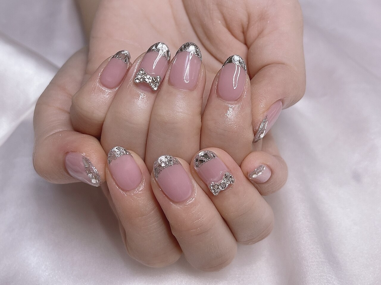 ネイルチップ 現品ネイルチップ m057 ガラスフレンチネイル 蝶々ネイル 