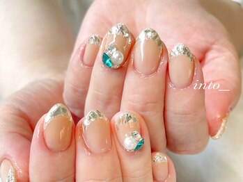 ネイルサロン イントゥ(into_)/ガラスフレンチ　ビジュー　ラメ