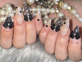 リボン×チェックネイル