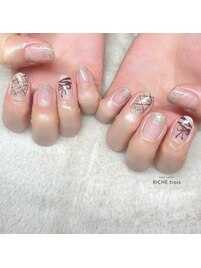 チェック×リボンガーリーネイル