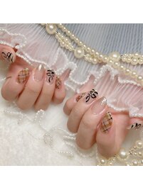 チェックリボン秋ネイル