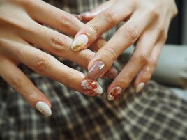 秋リボンチェックネイル