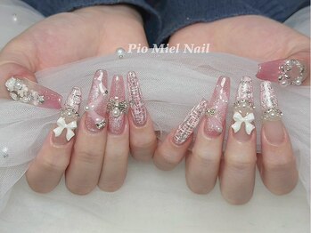 ピオミエルネイル 新宿(pio miel nail)/ピンクラメ×ツイード×リボン