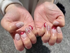 チェック×フラワーネイル