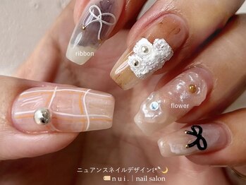 n u i. | nail salon 下北沢【パラジェル・フィルイン・持ち込み・長さだし】/ニュアンス　リボン