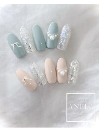 リボン＆パール＆ラメネイル