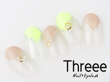 スリーネイルプラスアイラッシュ(Threee Nail+Eyelash)/ネオンカラー×変形フレンチ
