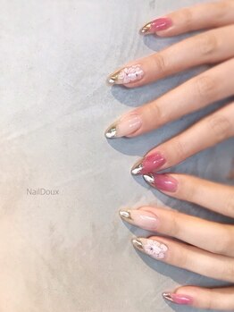 ネイル ドゥ 岡山駅前店(Nail Doux)/シアー系春色&ミラーフレンチ