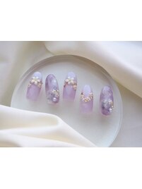 紫とゴールドの梅雨風お花ネイル