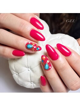 ネイルデザイン シエル(nail design CiEL)/ホットピンクとターコイズネイル