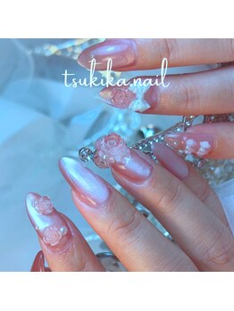 ツキカドットネイル(tsukika.nail)/【GIRLIEアート】ROSE RIBBON