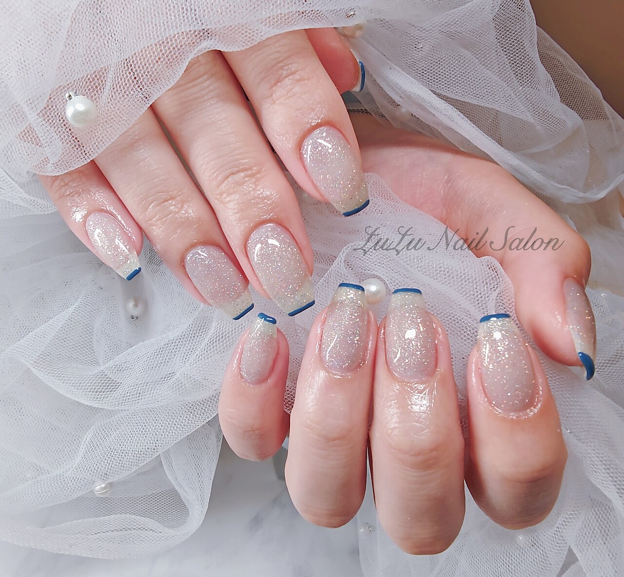 103))付け爪 フレンチガーリー リボン ネイルチップ ミラー ウィッシュコア