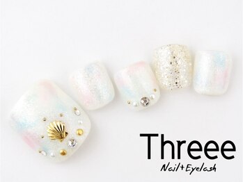 スリーネイルプラスアイラッシュ(Threee Nail+Eyelash)/タイダイ柄×シェルスタッズ