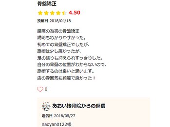 あおい接骨院/骨盤矯正　腰痛の方の口コミ