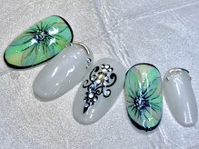 ビービーネイル(BB)/グリーンの水彩フラワー！