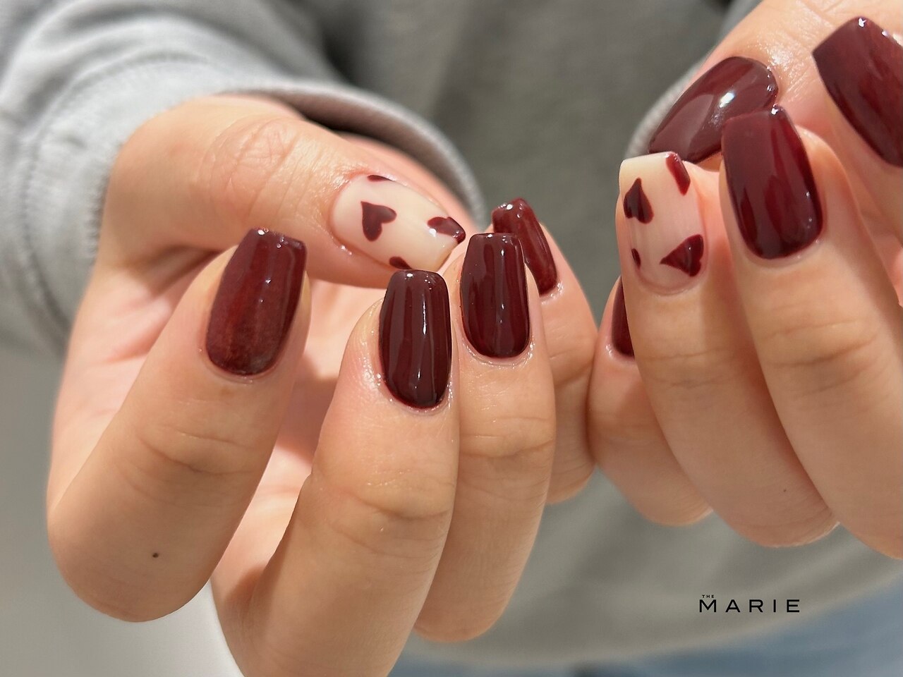 【オーダー】ネイルチップ チェリー ハート ボルドー 秋 ショートオーバル レオパード ボルドー ネイルチップ ネイルチップ