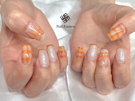 オレンジ×チェック×リボン