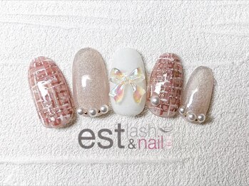 エストラッシュアンドネイル 銀座店(est lash&nail)/ベージュ　ツイードリボンネイル