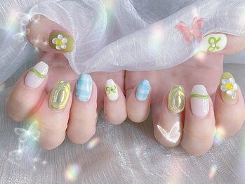 アイゴネイル 錦糸町(Aigoネイル)/水色ギンガムチェックネイル