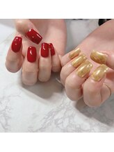 ブラン(blanc)/レッド×ゴールドミラーネイル