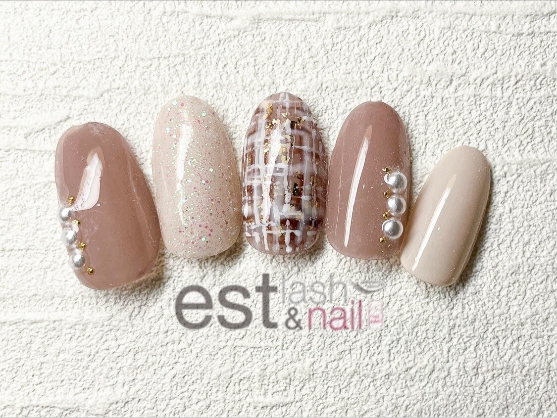 着画あり】チェック柄 ブラウン フレンチネイル シンプル 可愛い ワン