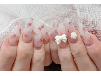 春ネイル手描き花柄リボンバラ