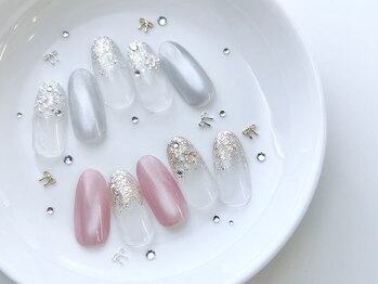 ビーエスネイル 金山店(bs-nail)/冬っぽ◎マグ×ラメ　ぷちリボン