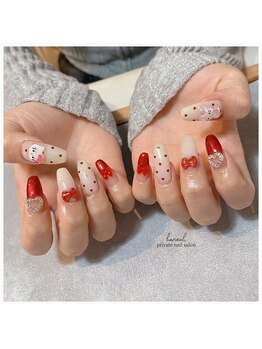 ハヌル(haneul.)/赤×リボン×ハートドットネイル