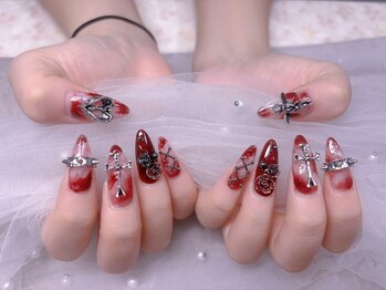 スノーネイルサロン 新宿店(Snow nail salon)/赤ニュアンス十字架薔薇