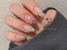 くま×リボンの秋ガーリーネイル