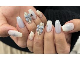 ブルー冬リボンくすみカラー