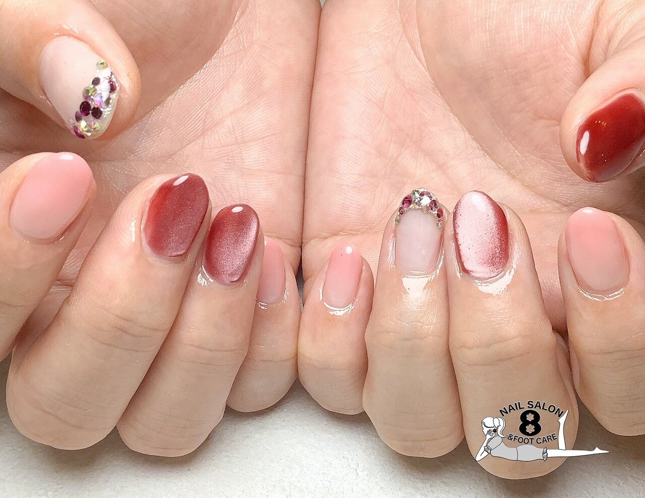 ピンクビジュー ×フレンチネイルチップ ネイルチップ オーダー