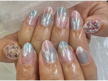 アリイネイルズ(ALII Nails)/ピンクブルー押し花ネイル