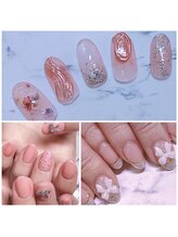 アルーシェ 平井(Alushe)/花×リボン×ピンクミラーネイル