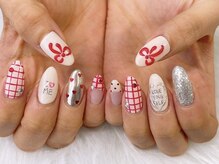 リジュベ 古河店(Rejuve)/赤チェック×赤リボンネイル