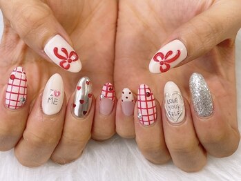 リジュベ 古河店(Rejuve)/赤チェック×赤リボンネイル