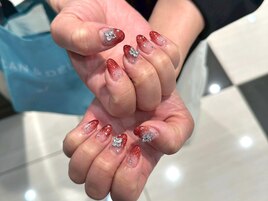 赤ラメグラ蝶々ネイルちょうちょ