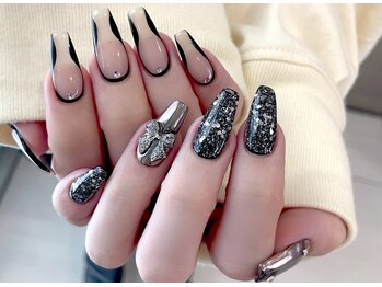 ネイルマジック 仙台一番町店(NAIL MAJIC)/リボン×ブラックミラーネイル