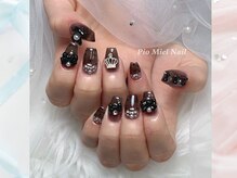 ピオミエルネイル 新宿(pio miel nail)/シアーブラウン×ブラックリボン