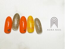 オーラ レアレア市川店内(AURA)/元気なオレンジチェックネイル