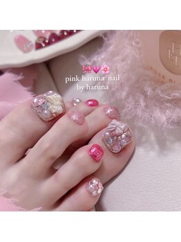ピンクハルナネイル(pink haruna nail)/リボン埋め尽くしフットネイル