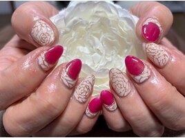 逆フレンチ/ピンク/お花/ミラー