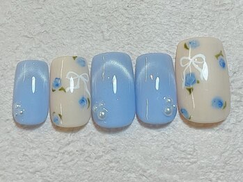 フラワーリボン手描きネイル