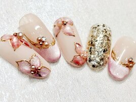 大人 ピンク フラワーネイル