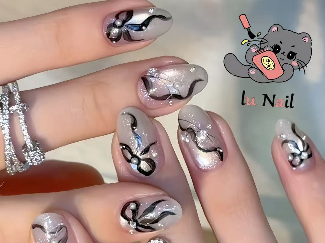 103))付け爪 フレンチガーリー リボン ネイルチップ ミラー ウィッシュコア