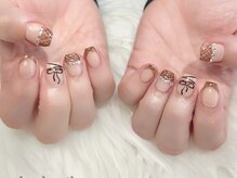 ヒールネイル(heal nail)/brownチェック×french×ribbon.