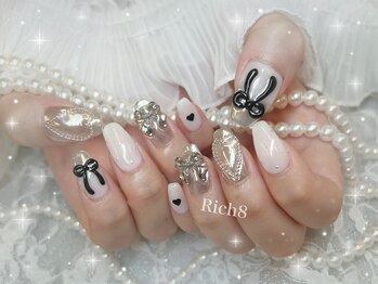 ネイルアンドまつげエクステ リッチエイト 原宿店(Rich8)/ぷっくり黒リボン×ミラーネイル