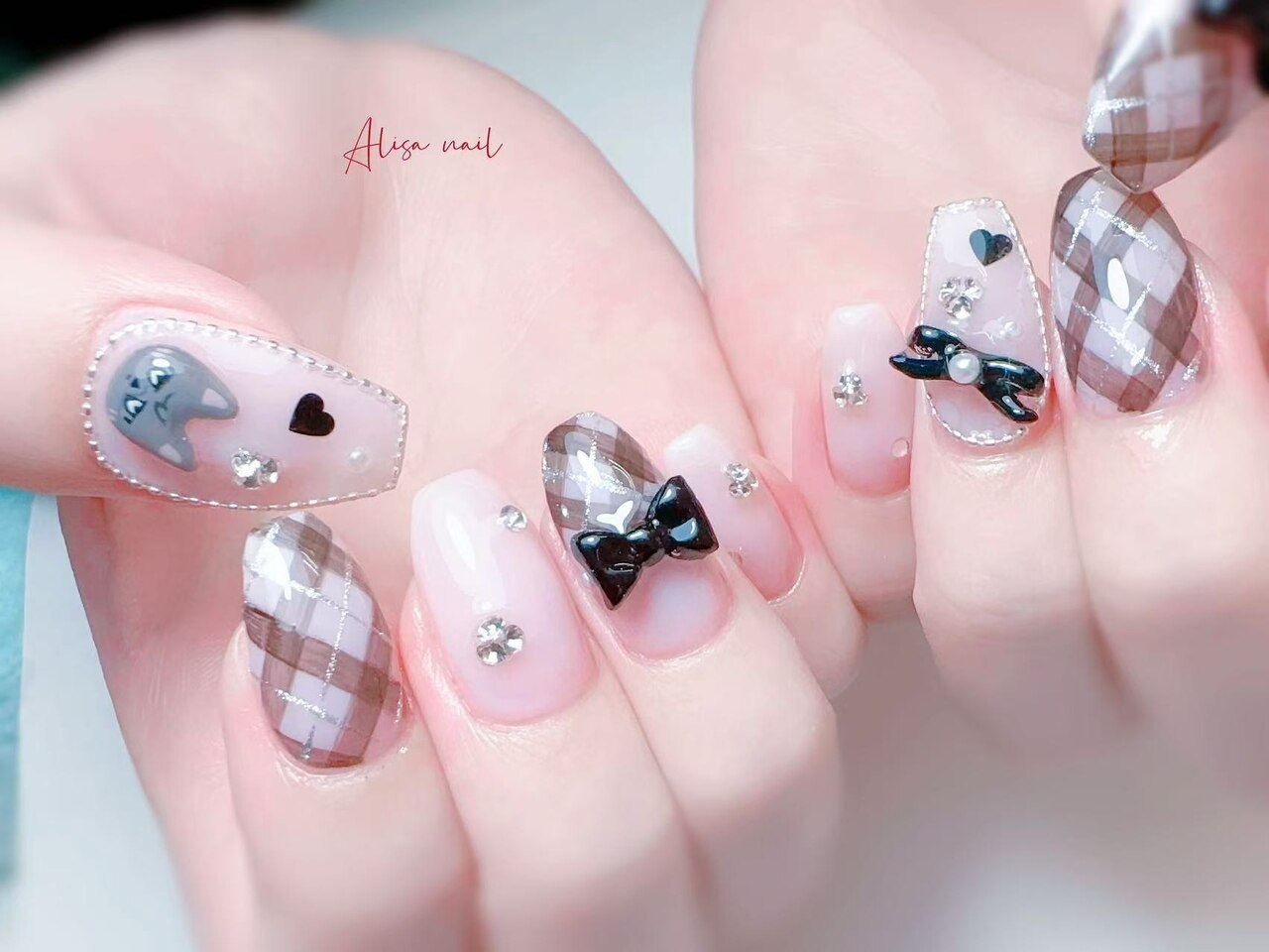 ネイルチップ ワンホン リボン ビジュー ハート パール